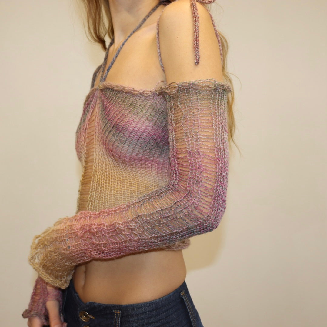 Distressed mohair ombré knit top